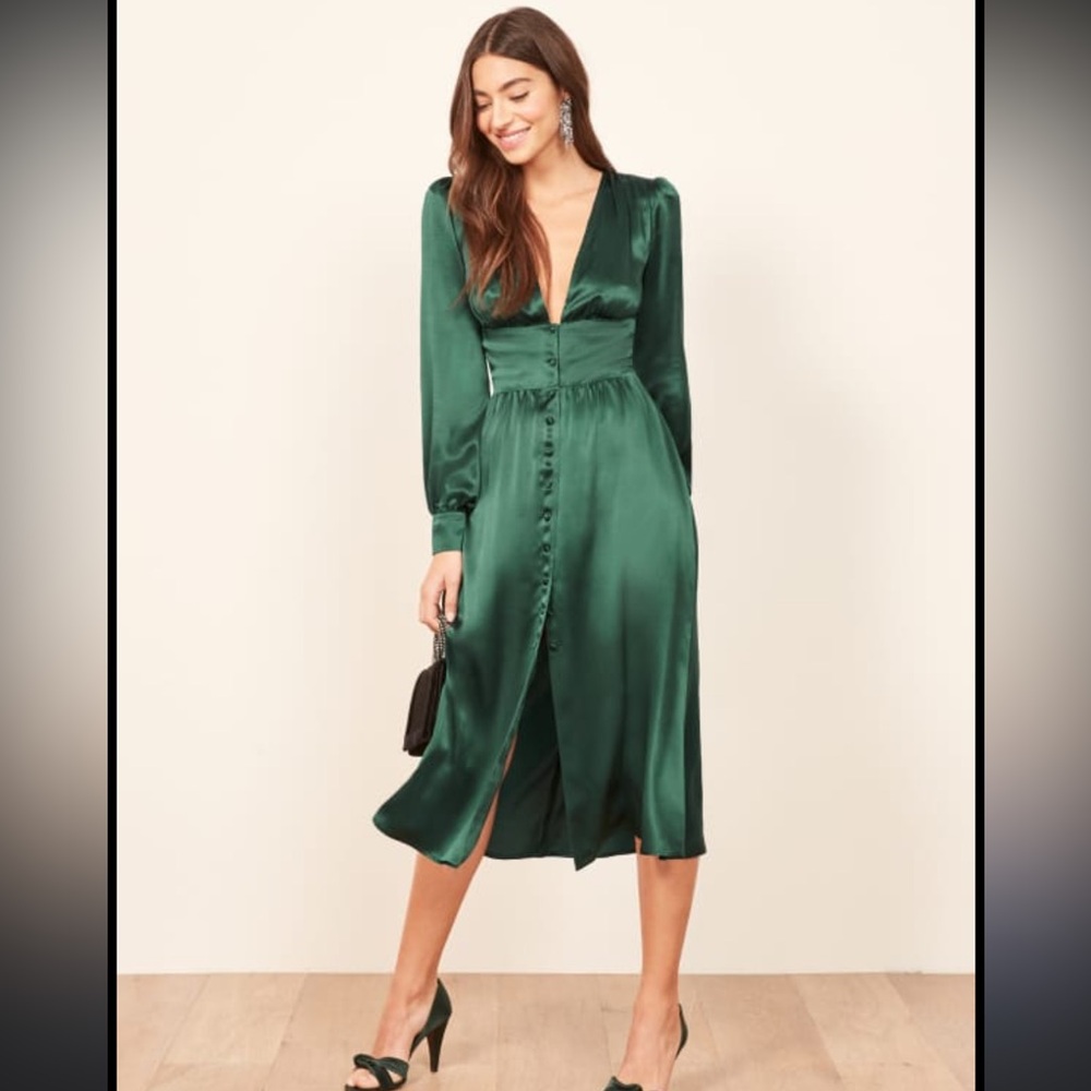 Reformation Emerald Green Satin Midi Dress